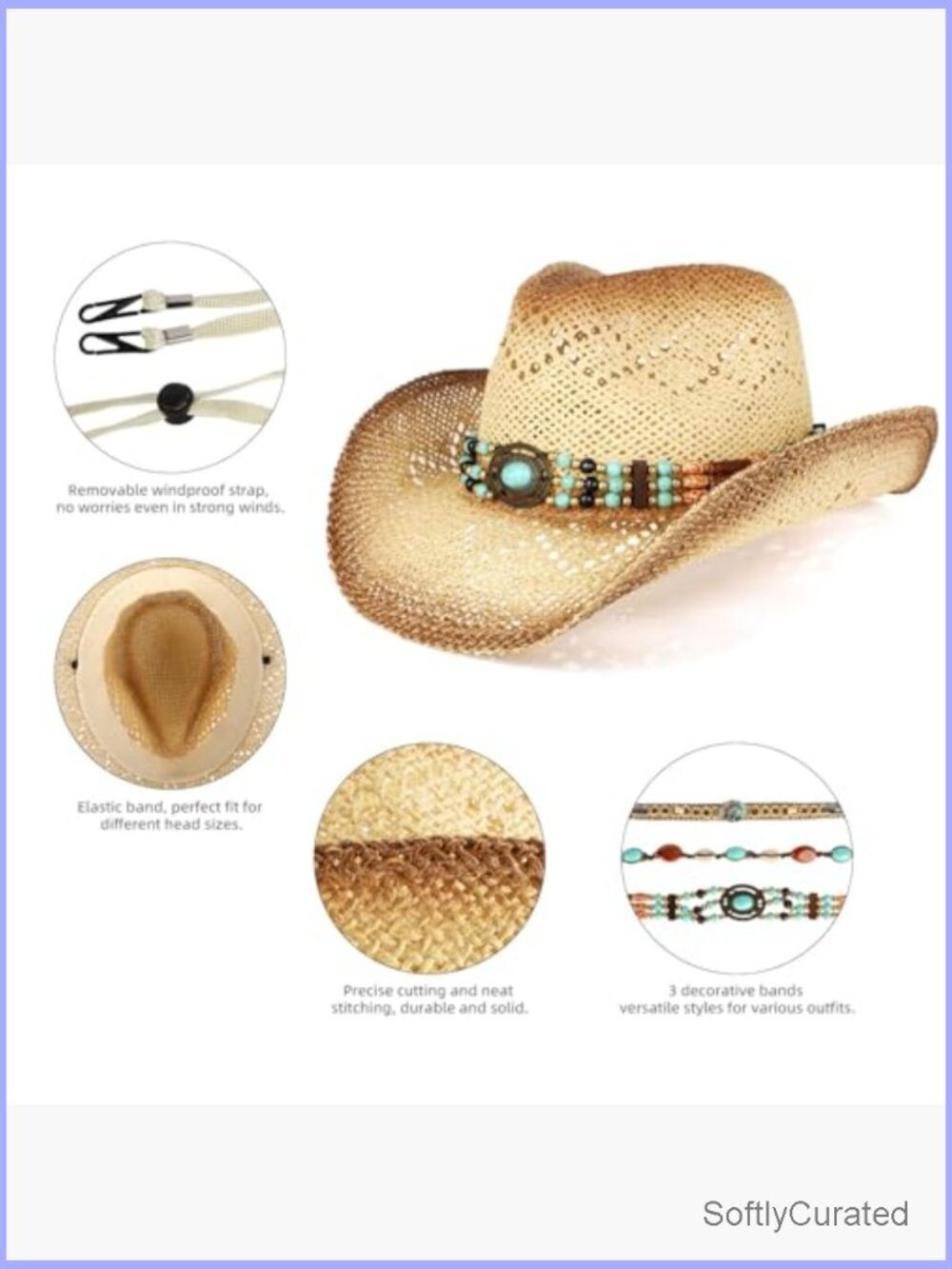 Straw Cowboy Hat with 3 Interchangeable Bands Adult Western - Picture 4 of 7